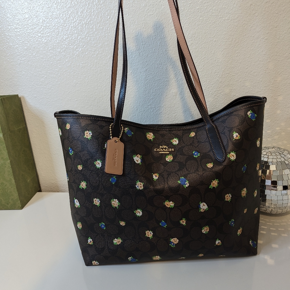 Coach Brown Floral Logo Tote with Blue and Cream Accents - Picture 9 of 16